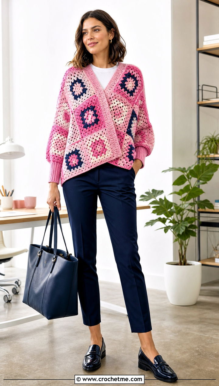 Sleeved Granny Square Swoncho With Tailored Pants - 25 Granny Squares Poncho outfit ideas