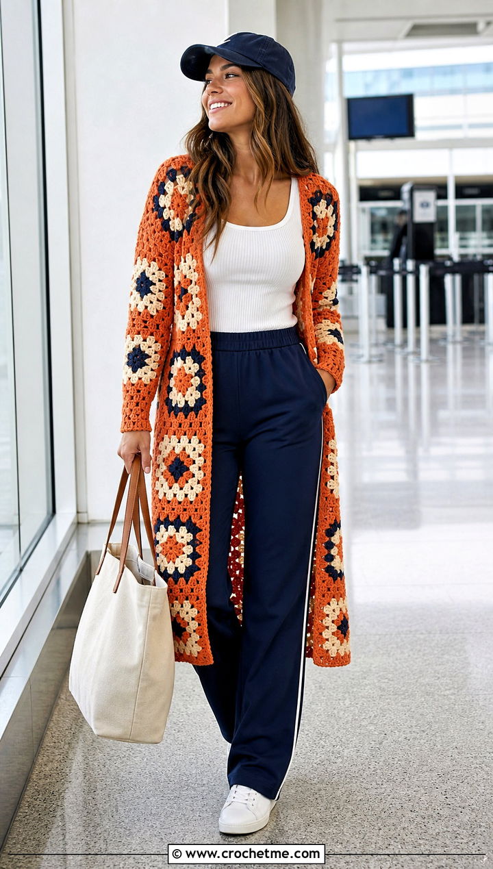 Sleeved Granny Square Wrap With Track Pants - 30 granny square wrap outfit ideas