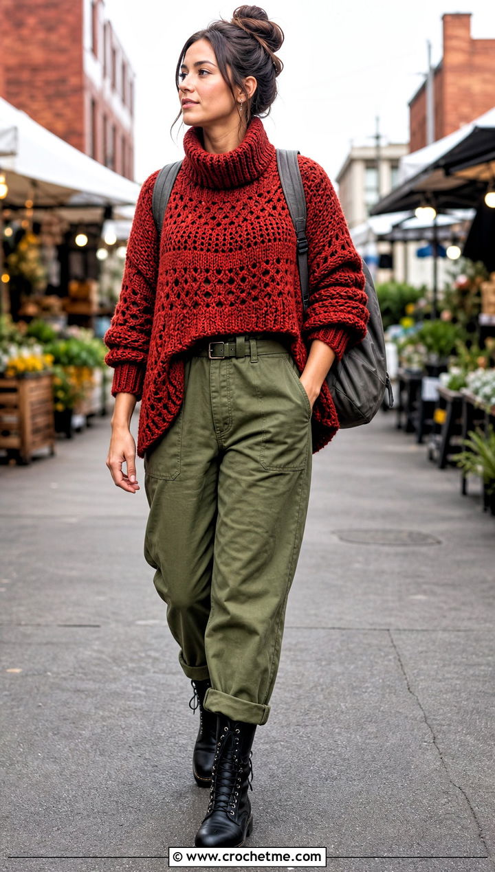 Sleeved Turtle Neck Crochet Poncho Over A Utility Jumpsuit - 25 Turtle Neck Crochet Poncho outfit ideas