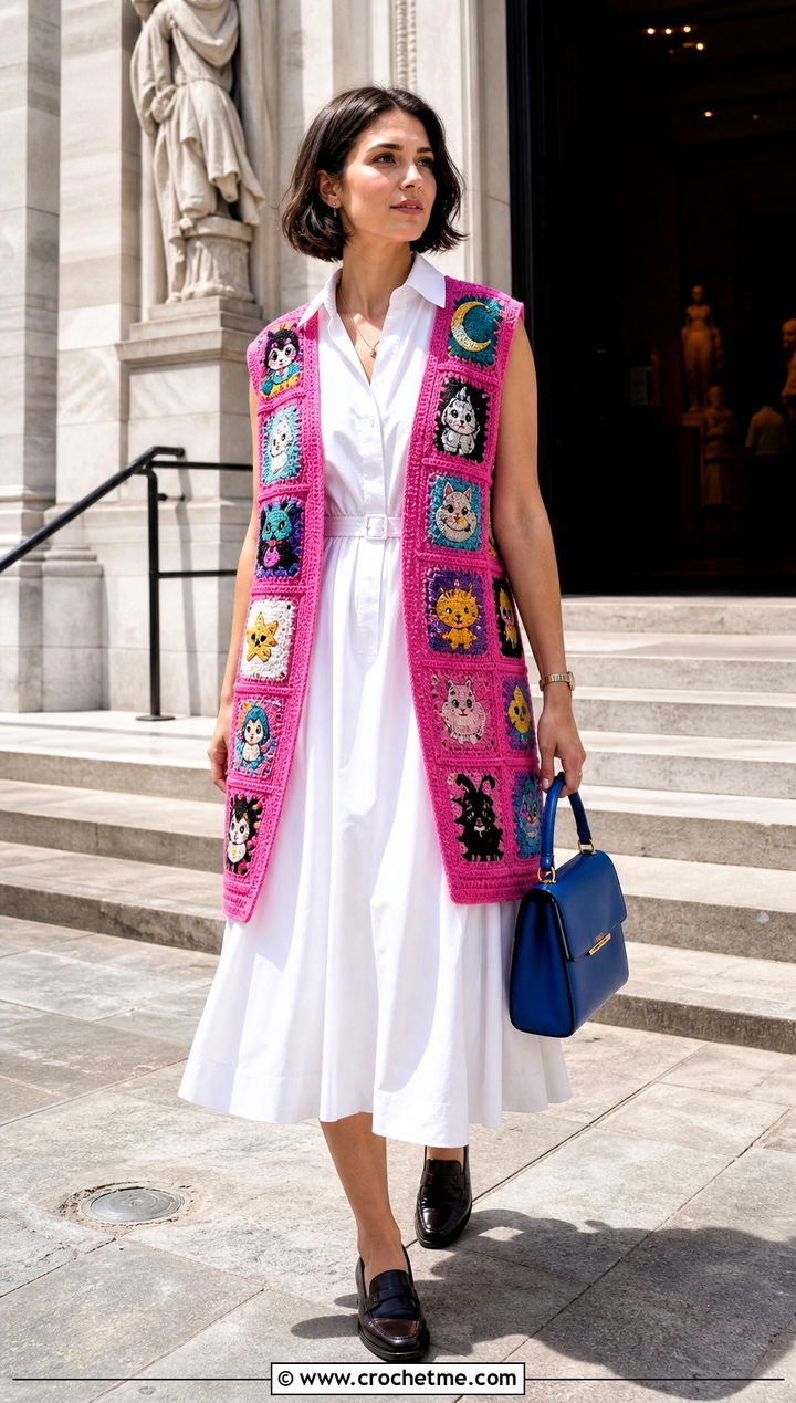 Sleeveless Anime Crochet Cardigan With Poplin Dress - 30 anime crochet cardigan outfit ideas