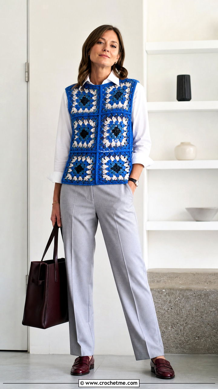 Sleeveless Big Granny Square Sweater With Poplin Shirt And Trousers - 35 big granny square sweater outfit ideas