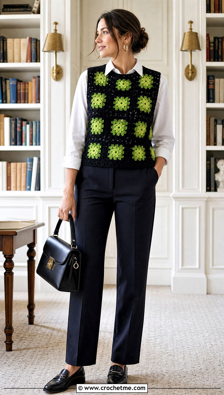 Sleeveless Black Granny Square Sweater With Button Down Shirt - 25 black granny square sweater outfit ideas