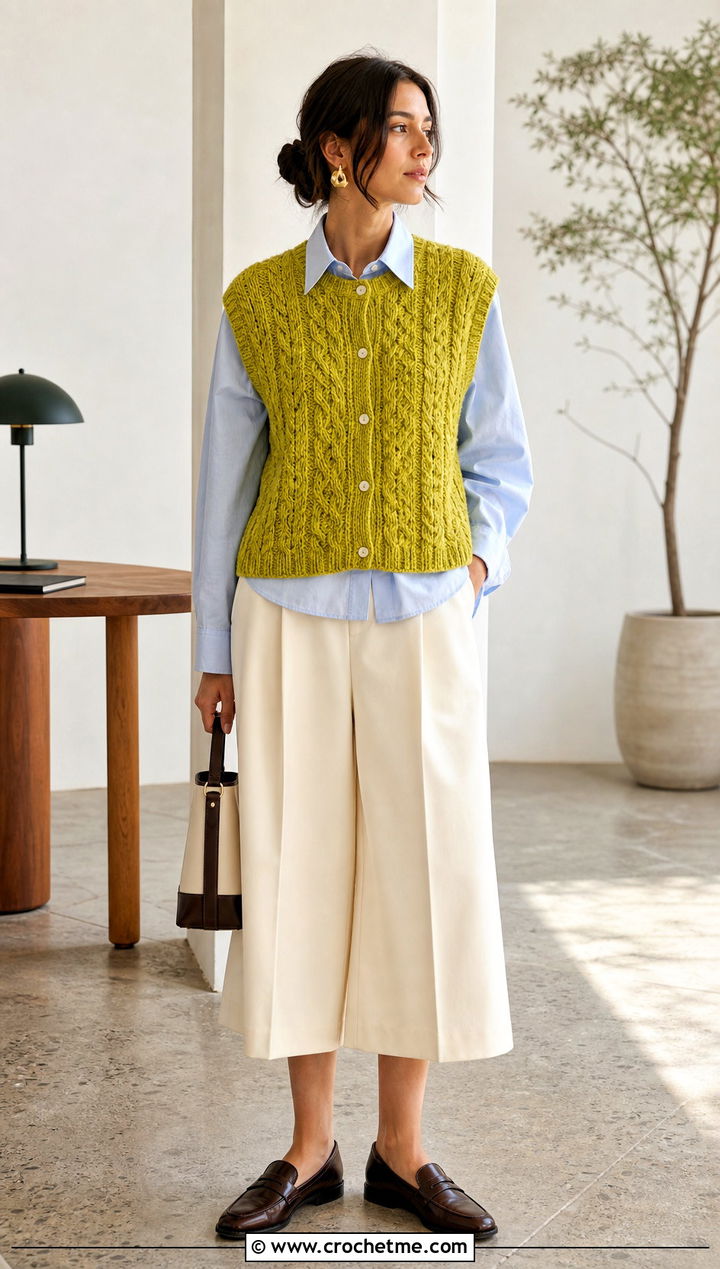 Sleeveless Cable Crochet Cardigan With Shirt And Culottes - 25 Crochet Cable Cardigan outfit ideas