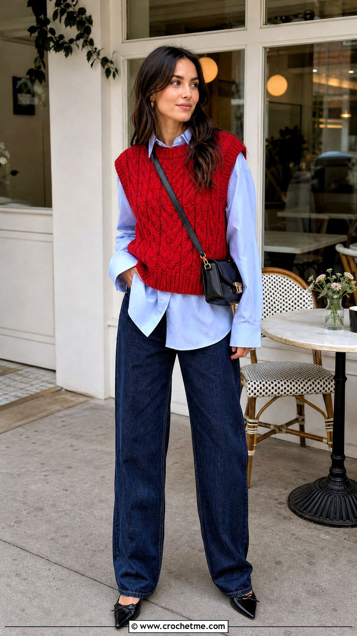 Sleeveless Cable Sweater With Poplin Shirt And Jeans - 35 crochet cable sweater outfit ideas