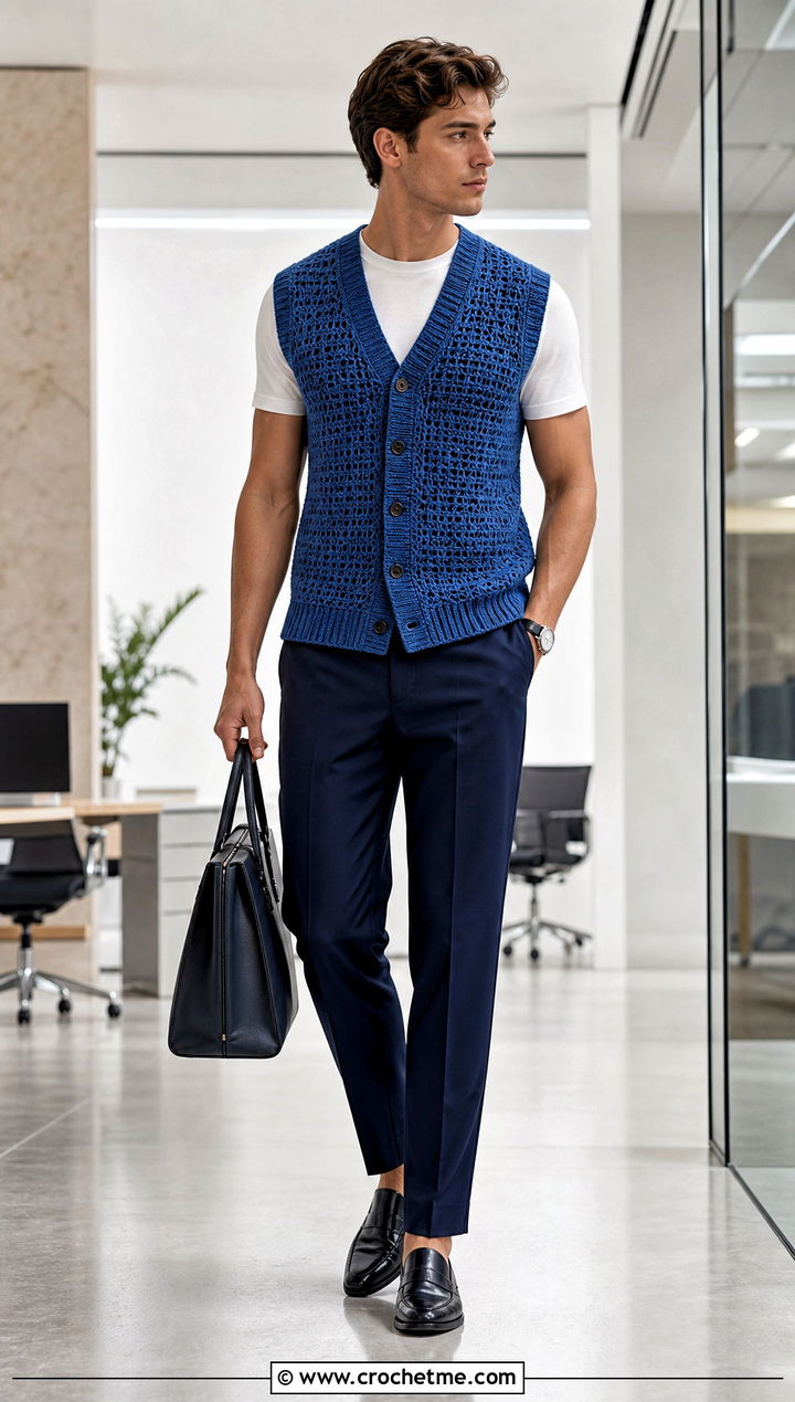 Sleeveless Cardigan Crochet Vest With Matching Trousers - 30 men's crochet vest outfit ideas