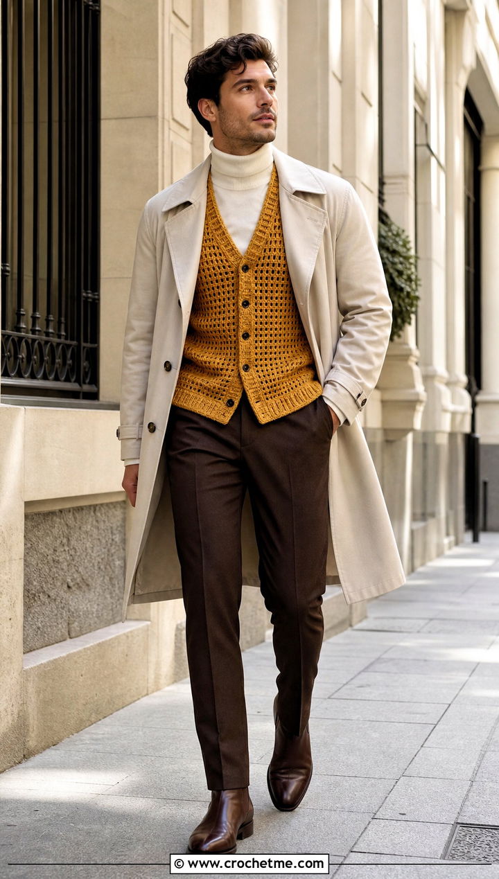 Sleeveless Cardigan Crochet Vest With Trench Coat And Trousers - 30 mens crochet vest outfit ideas