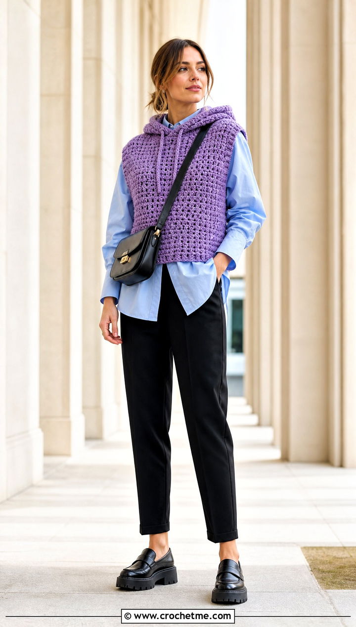 Sleeveless Chunky Crochet Hoodie With Poplin Shirt - 25 crochet chunky hoodie outfit ideas