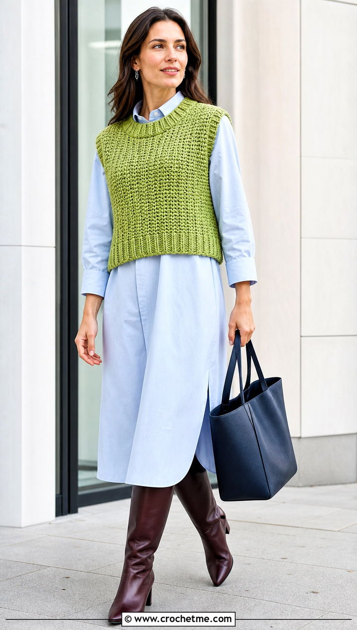 Sleeveless Chunky Crochet Sweater Vest With Shirt Dress - 25 Easy Chunky Crochet Sweater outfit ideas