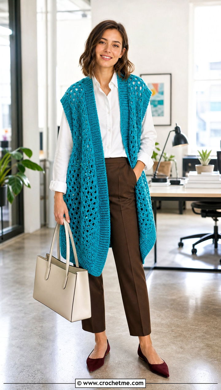 Sleeveless Cocoon Blanket Crochet Cardigan With Button Down Shirt - 25 blanket crochet cardigan outfit ideas