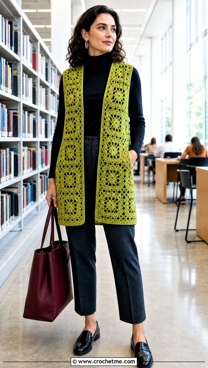 Sleeveless Continuous Granny Square Cardigan With A Turtleneck - 25 continuous granny square cardigan outfit ideas
