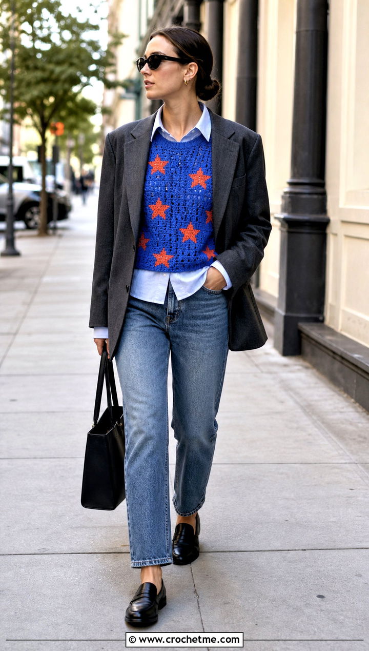 Sleeveless Coraline Star Crochet Sweater With Blazer And Jeans - 25 Coraline Star Crochet Sweater outfit ideas