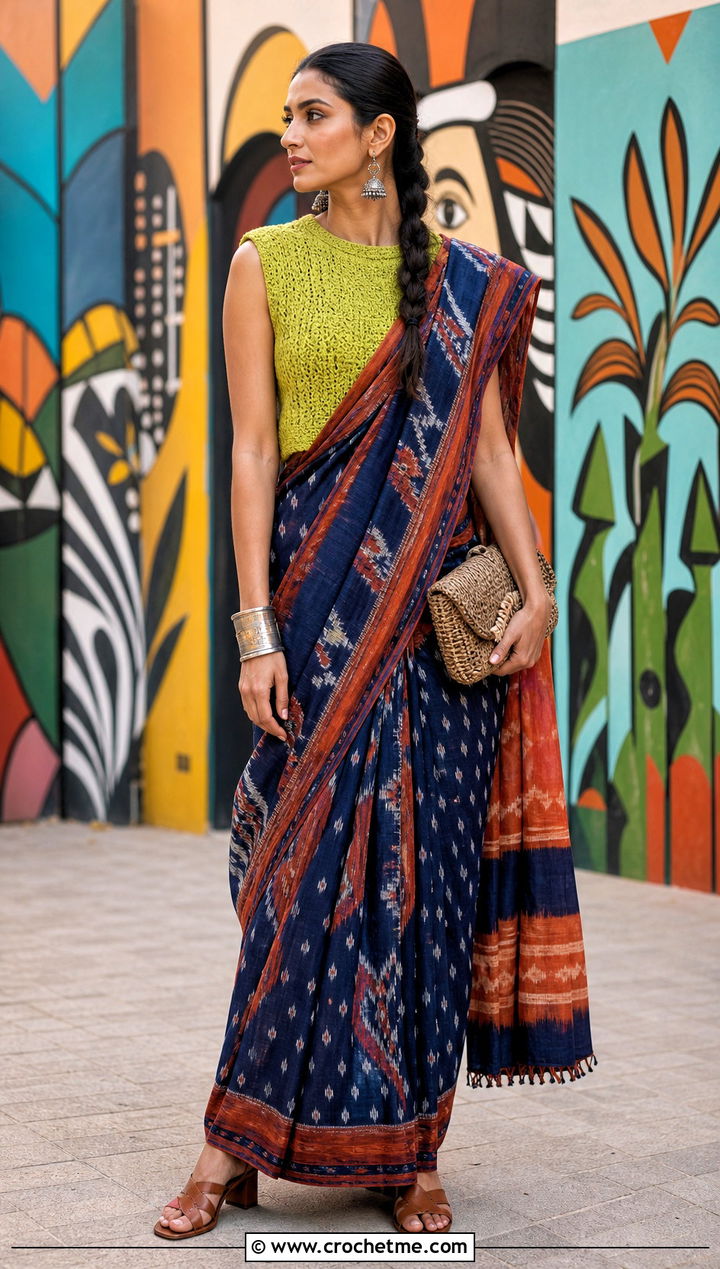 Sleeveless Crochet Blouse With Ikat Saree - 35 Crochet Blouse For Saree outfit ideas