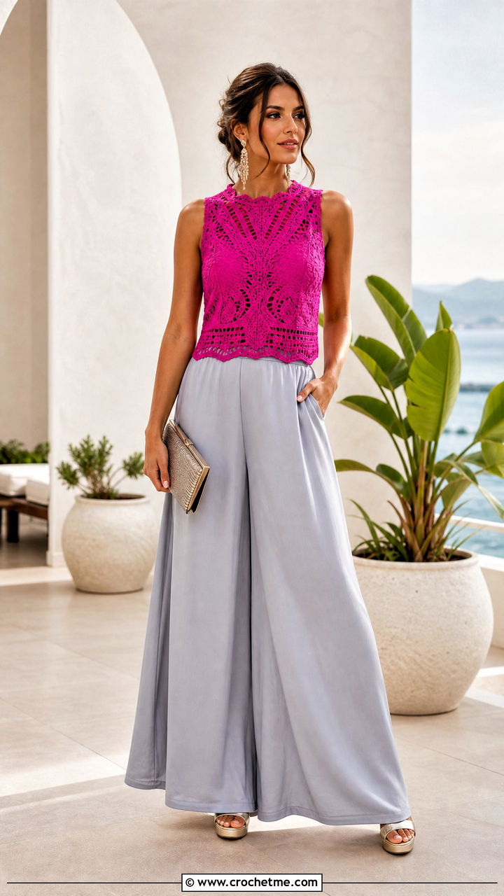 Sleeveless Crochet Blouse With Palazzo Pants - 35 crochet blouse outfit ideas