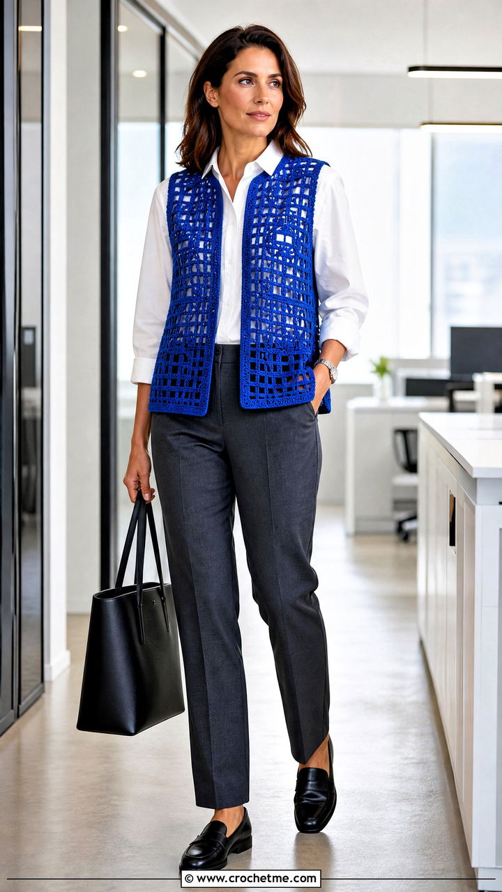 Sleeveless Crochet Bog Jacket With Poplin Shirt - 35 Crochet Bog Jacket outfit ideas