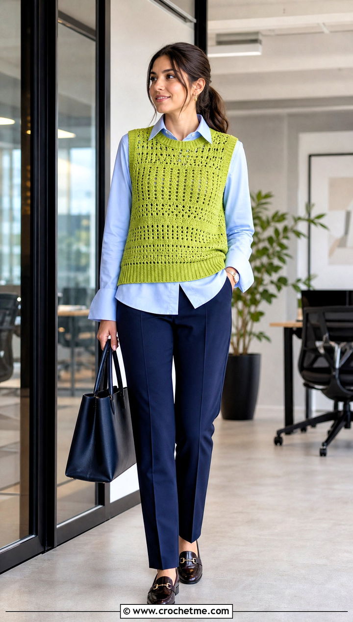 Sleeveless Crochet Boho Sweater With Button Down Shirt - 30 crochet boho sweater outfit ideas