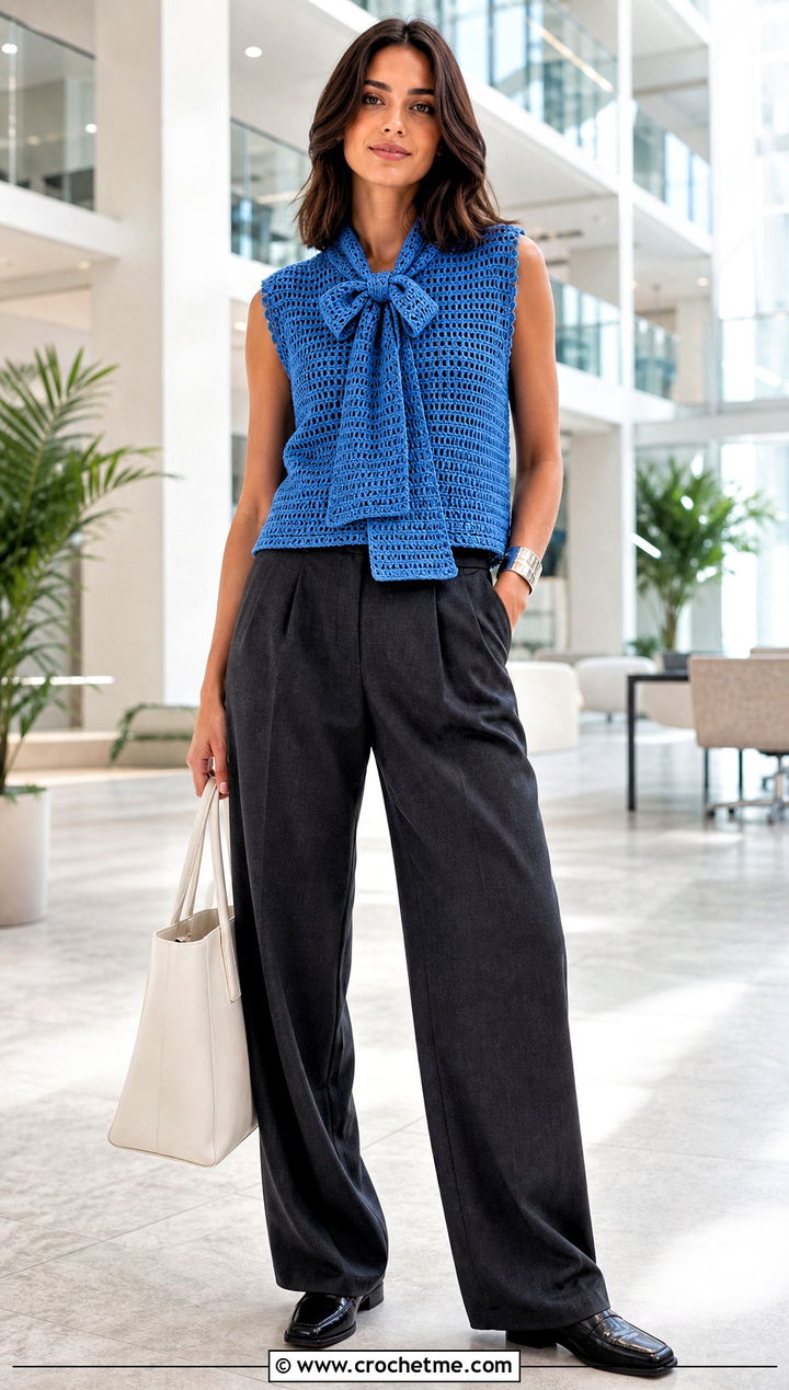 Sleeveless Crochet Bow Sweater With Suit Trousers - 25 crochet bow sweater outfit ideas