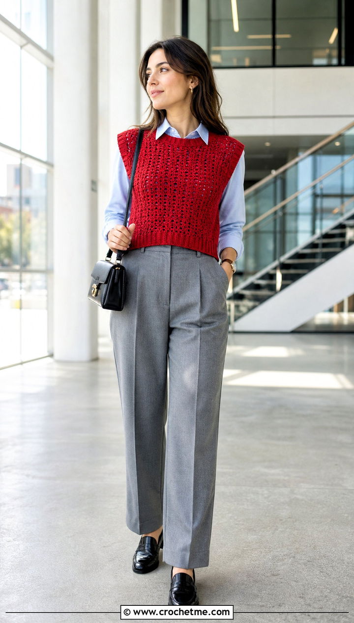 Sleeveless Crochet Boxy Sweater Vest With Oxford Shirt - 25 Crochet Boxy Sweater outfit ideas