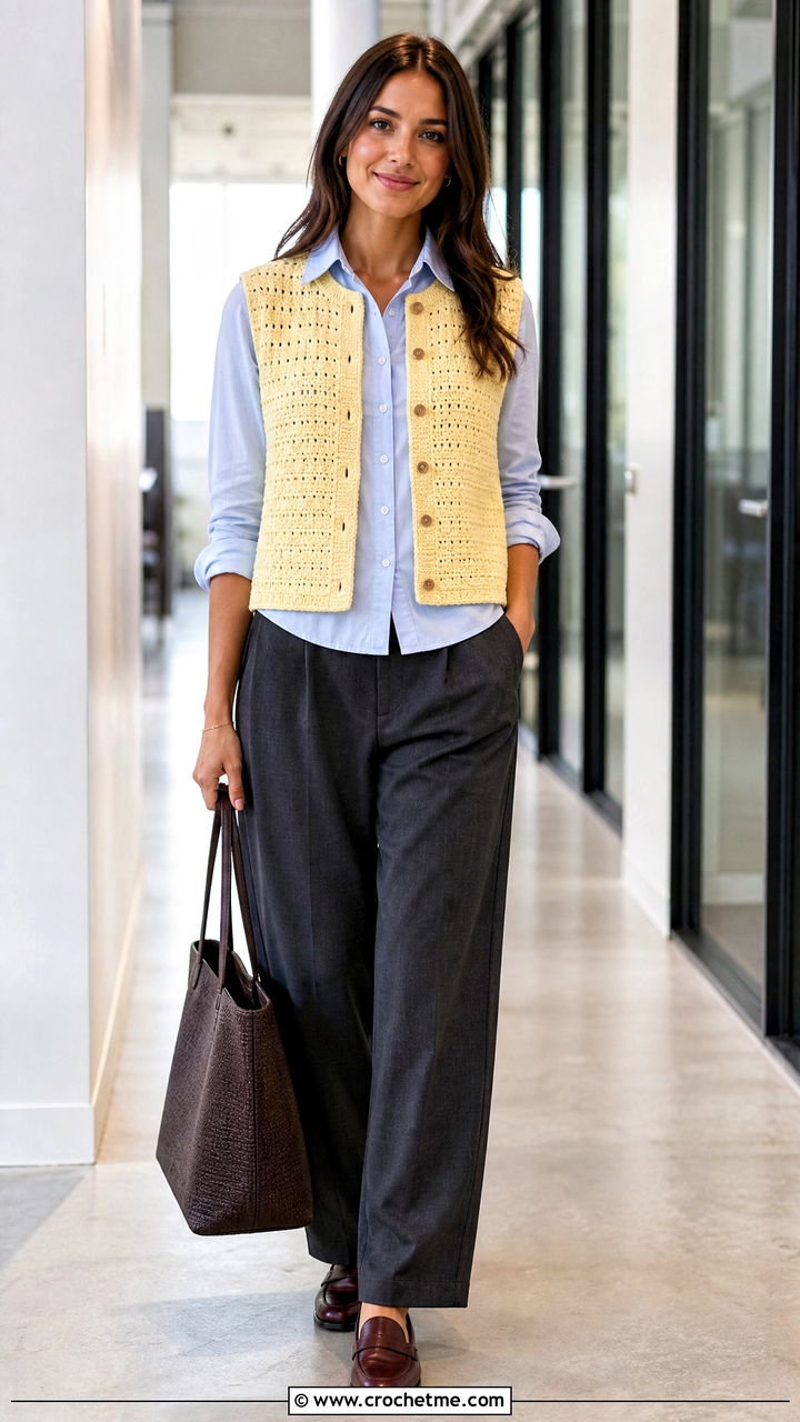 Sleeveless Crochet Cardigan With Button Down Shirt - 35 easy crochet cardigan outfit ideas