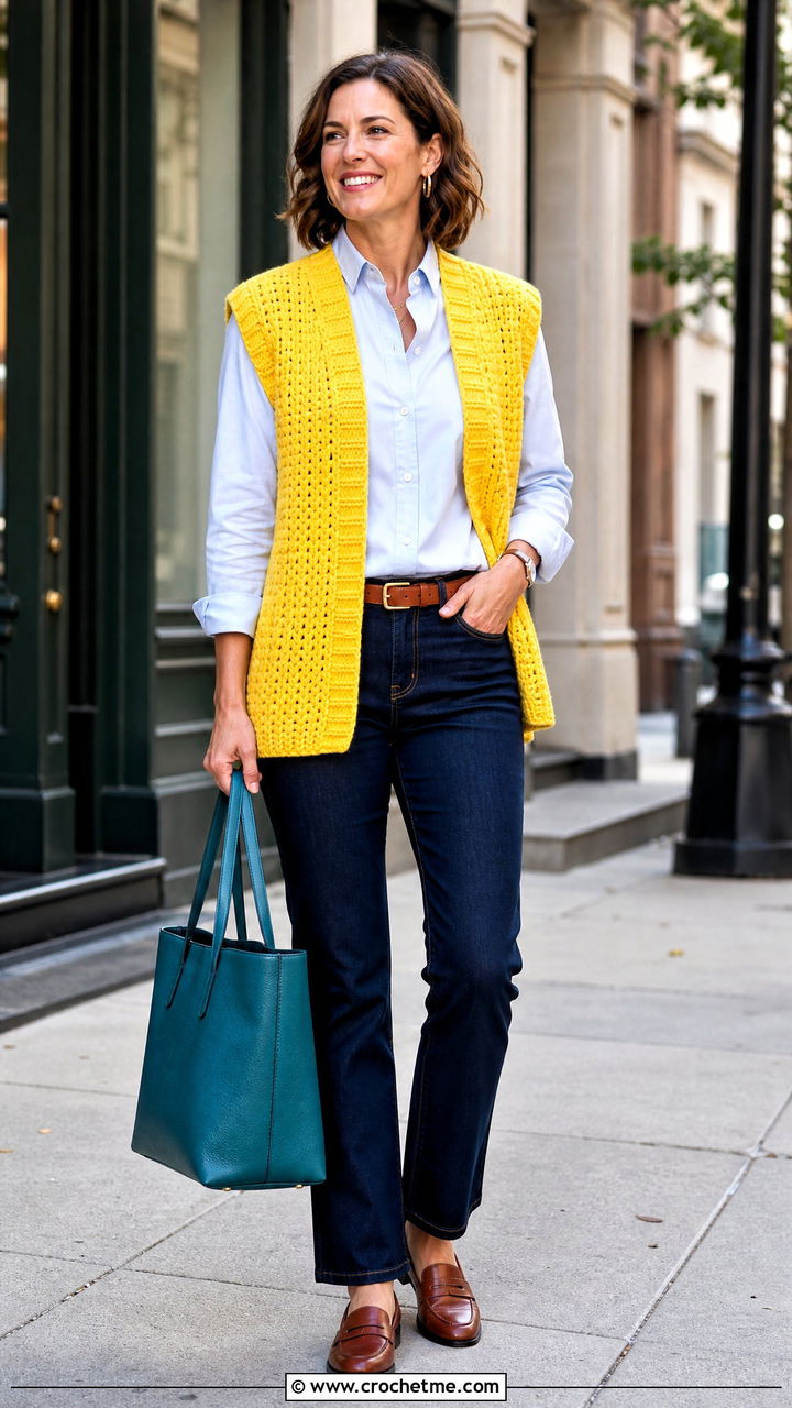 Sleeveless Crochet Cardigan With Button Down Shirt - 35 chunky crochet cardigan outfit ideas