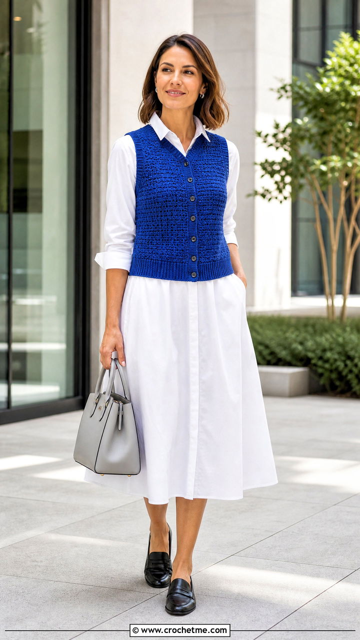 Sleeveless Crochet Cardigan With Poplin Dress - 35 crochet cardigans for women outfit ideas