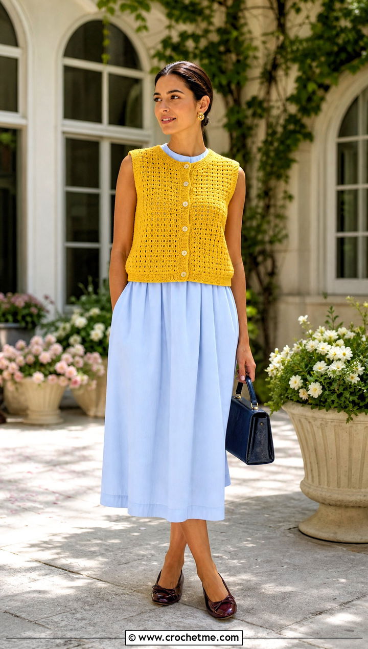 Sleeveless Crochet Cardigan With Poplin Midi Dress - 35 spring summer crochet clothes ideas