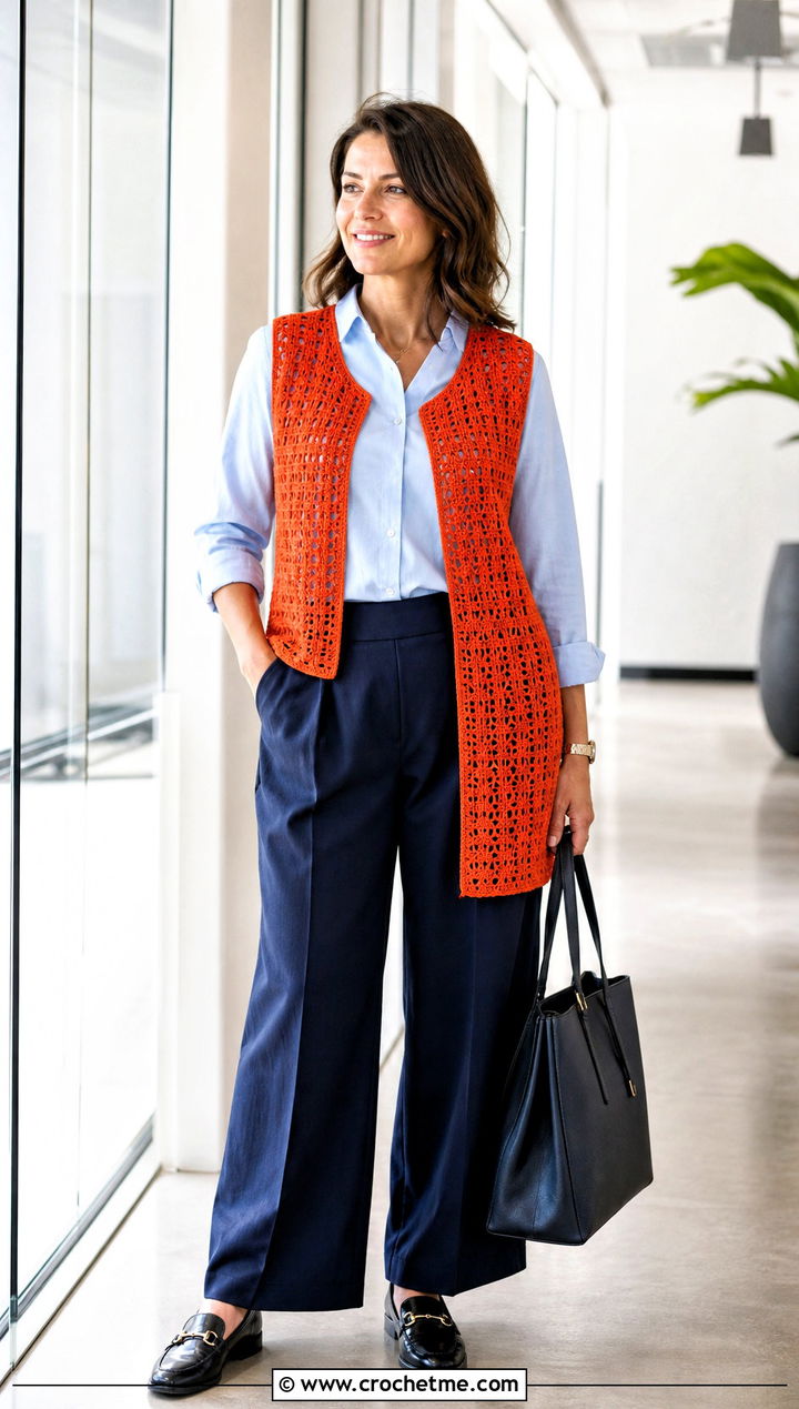 Sleeveless Crochet Cardigan With Poplin Shirt And Trousers - 25 Simple Crochet Cardigan For Women outfit ideas