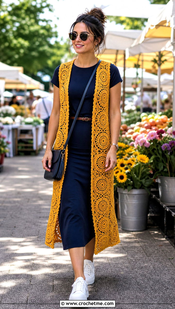Sleeveless Crochet Circle Vest With T Shirt Dress - 25 crochet circle sweater outfit ideas