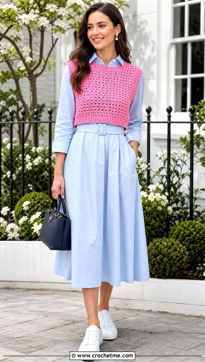 Sleeveless Crochet Cotton Sweater Vest With A Poplin Midi Dress - 25 Crochet Cotton Sweater outfit ideas