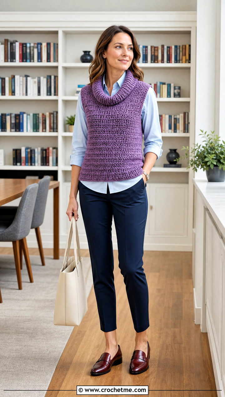 Sleeveless Crochet Cowl Neck Sweater With Button Down Shirt - 25 Crochet Cowl Neck Sweater outfit ideas