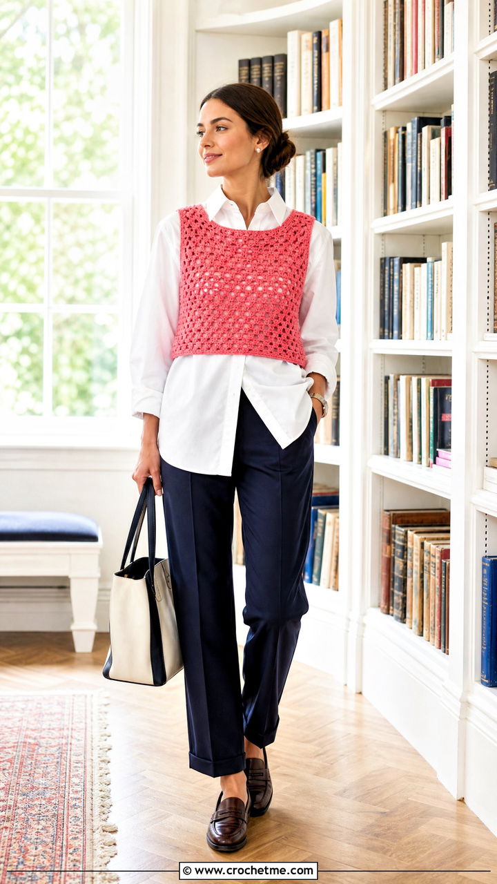 Sleeveless Crochet Crop Sweater Vest With a Button Down Shirt - 35 crochet crop sweater outfit ideas