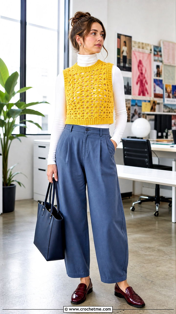 Sleeveless Crochet Cropped Sweater Over A Turtleneck - 35 crochet cropped sweater outfit ideas