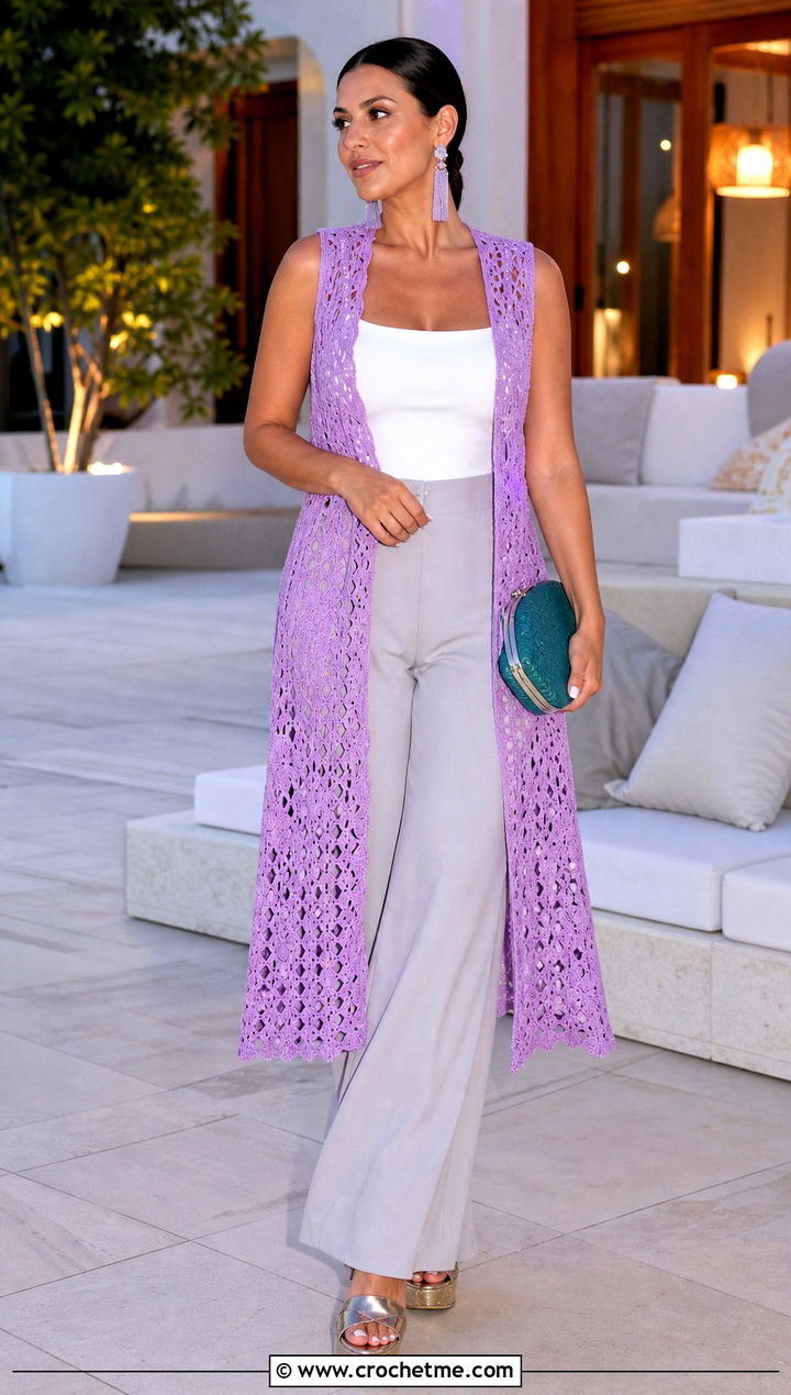 Sleeveless Crochet Duster Jacket With Palazzo Pants - 35 crochet long jacket outfit ideas
