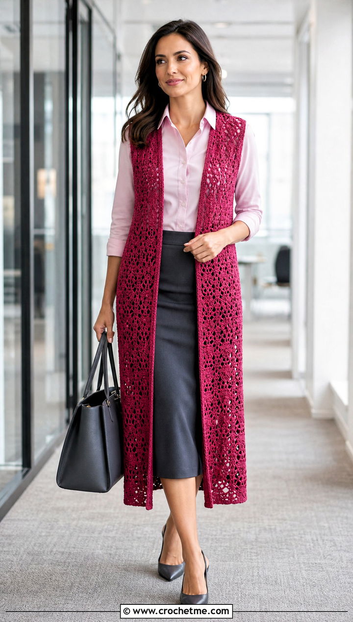 Sleeveless Crochet Duster With Button Down Shirt And Pencil Skirt - 25 crochet duster outfit ideas