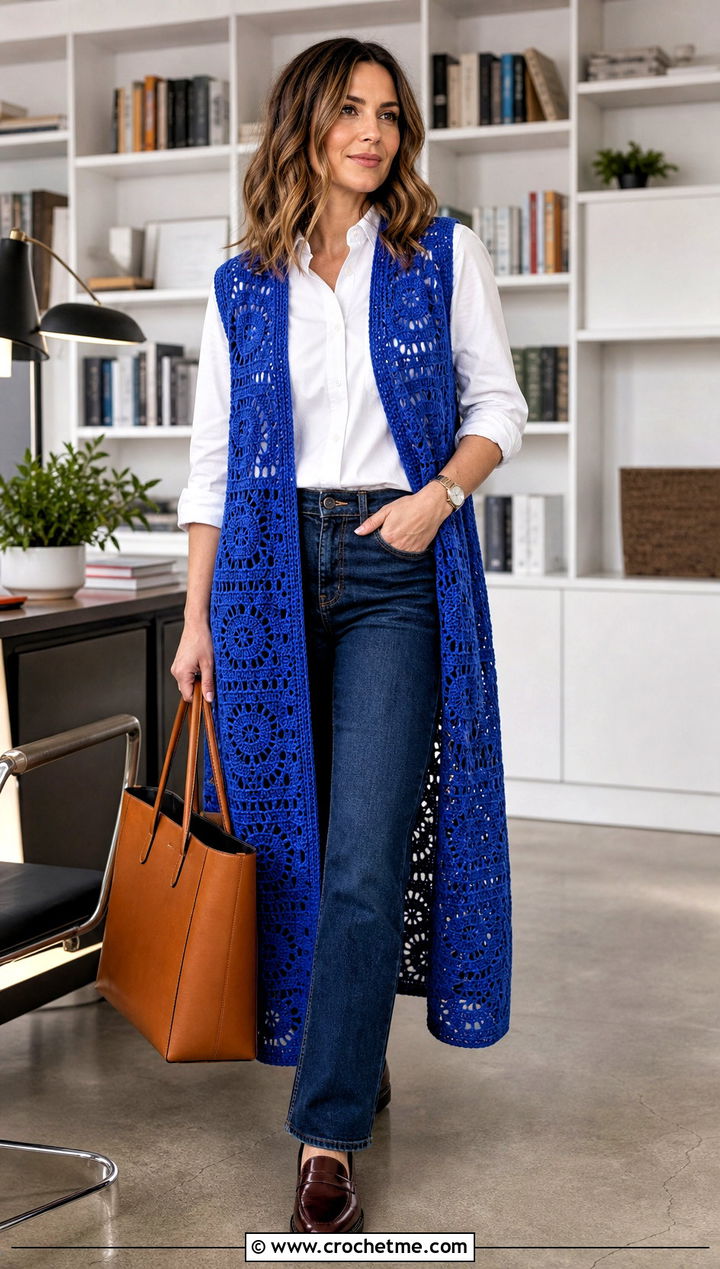 Sleeveless Crochet Duster With Button Down Shirt - 25 long crochet sweater outfit ideas