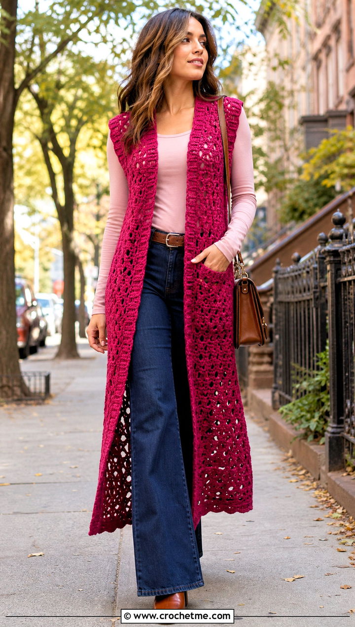 Sleeveless Crochet Duster With Long Sleeve Top - 30 long crochet cardigan outfit ideas