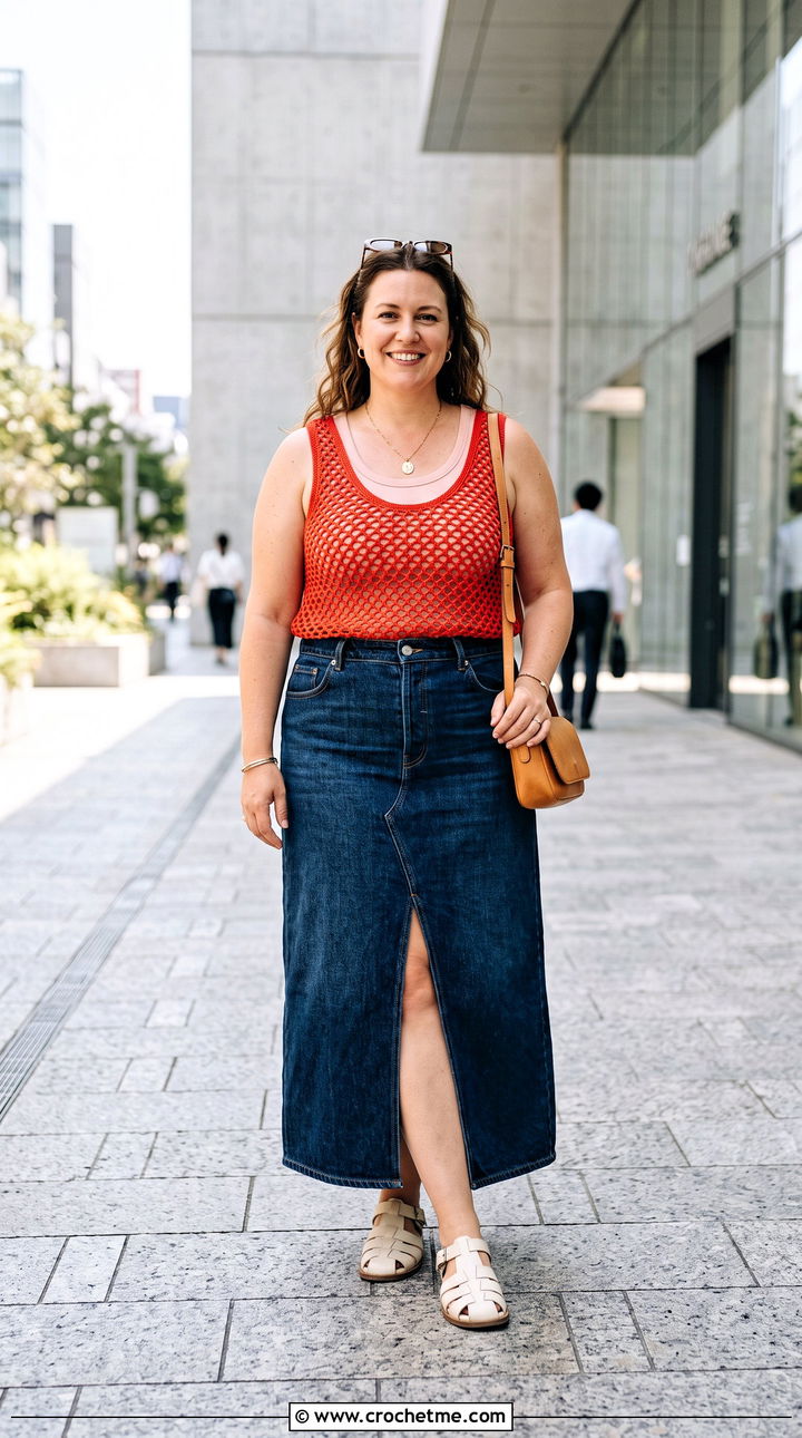 Sleeveless Crochet Fishnet Tank Top With Denim Maxi Skirt - 35 crochet fishnet top outfit ideas