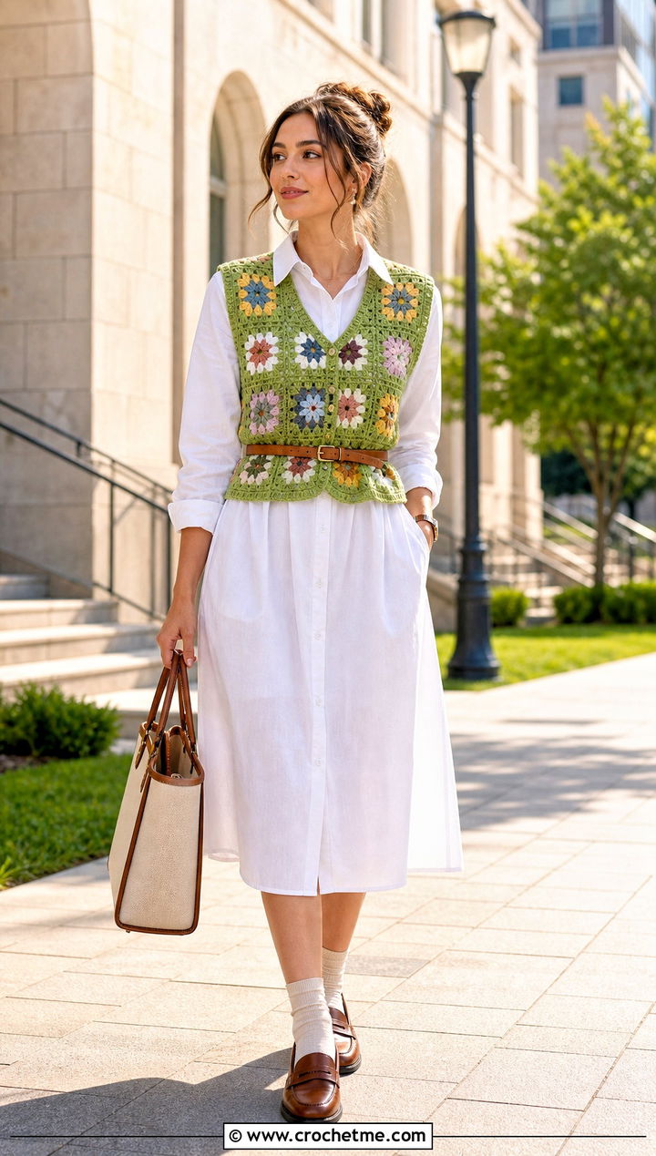 Sleeveless Crochet Flower Sweater Vest With Shirt Dress - 30 crochet flower sweater outfit ideas