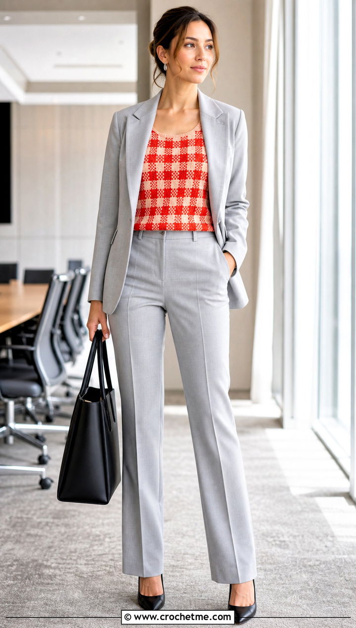 Sleeveless Crochet Gingham Shell Sweater With Pantsuit - 25 Crochet Gingham Sweater outfit ideas