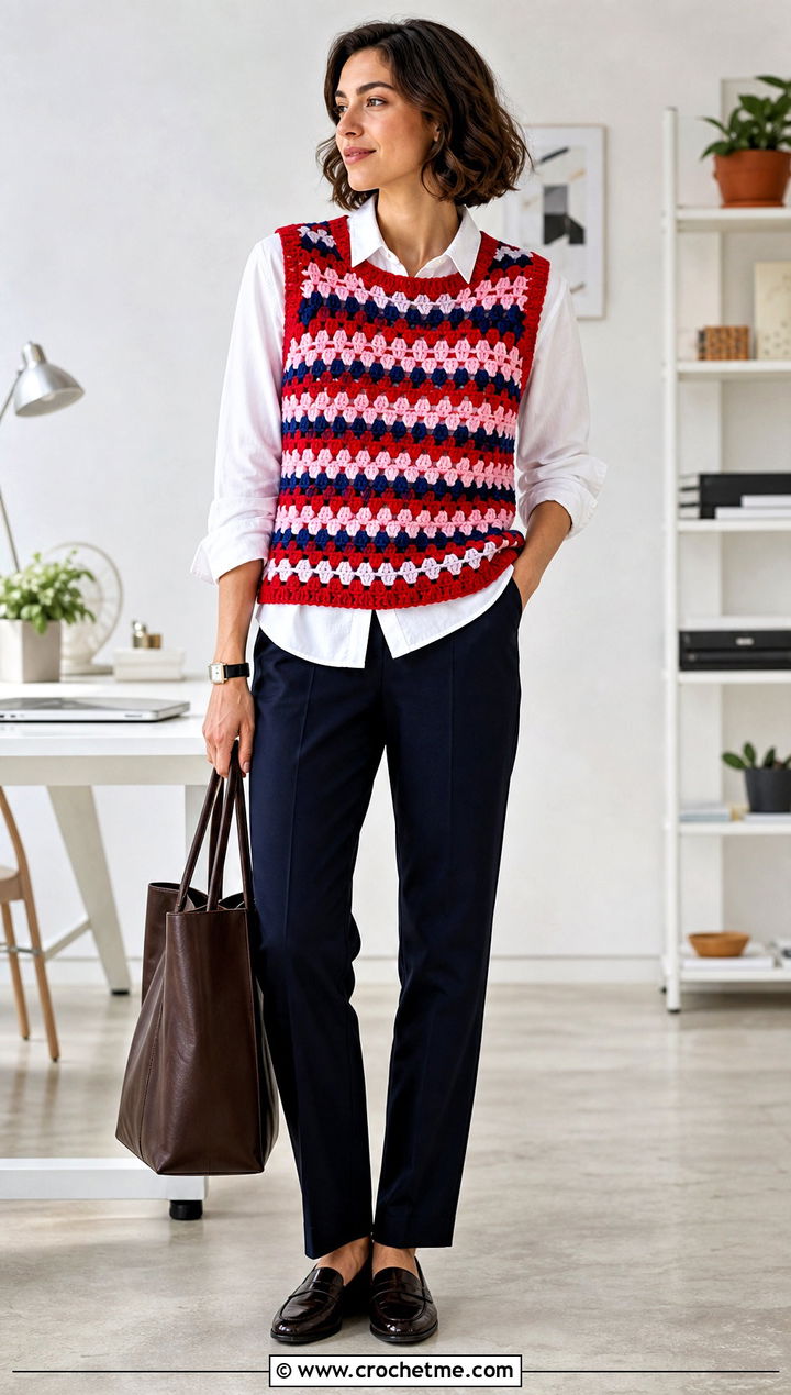 Sleeveless Crochet Granny Stripe Sweater With Button Down Shirt - 25 Crochet Granny Stripe Sweater outfit ideas