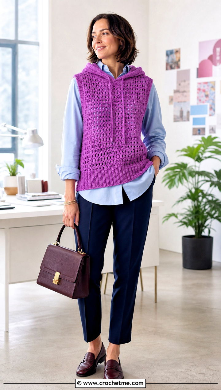 Sleeveless Crochet Hooded Sweater With Button Down Shirt - 30 crochet hooded sweater outfit ideas