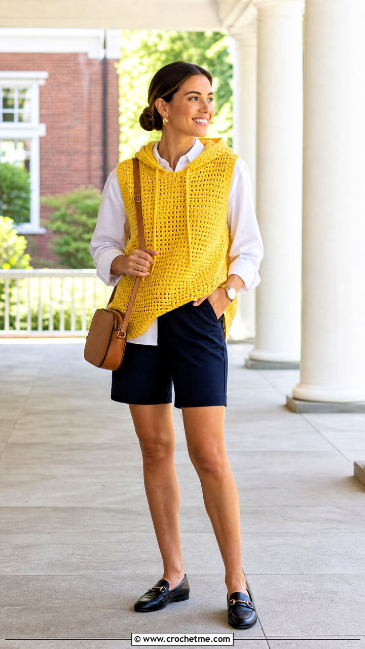 Sleeveless Crochet Hoodie With Button Down Shirt And Shorts - 35 crochet hoodie outfit ideas