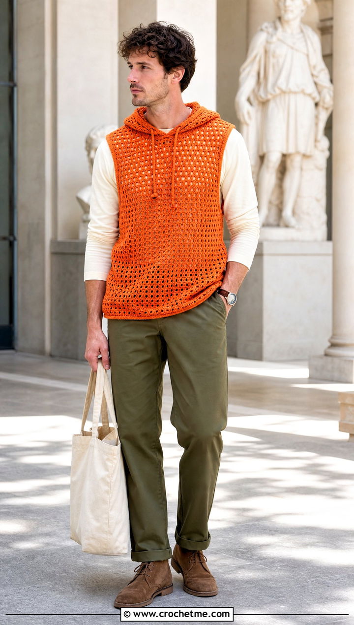 Sleeveless Crochet Hoodie With Long Sleeve Tee And Chinos - 25 Crochet Hoodie Men outfit ideas