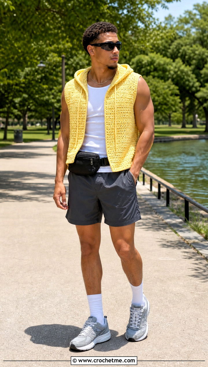 Sleeveless Crochet Hoodie With Nylon Shorts - 35 crochet hoodie for men outfit ideas