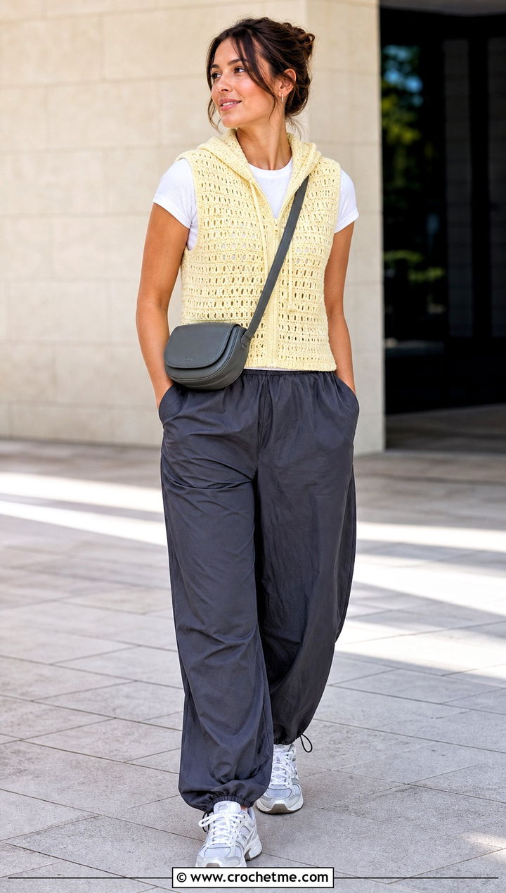 Sleeveless Crochet Hoodie With Parachute Pants - 25 Easy Crochet Hoodie outfit ideas
