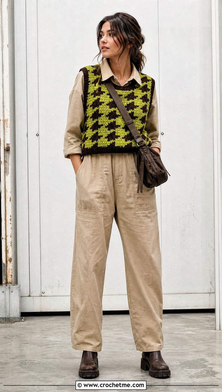 Sleeveless Crochet Houndstooth Sweater With Utility Jumpsuit - 35 crochet houndstooth sweater outfit ideas