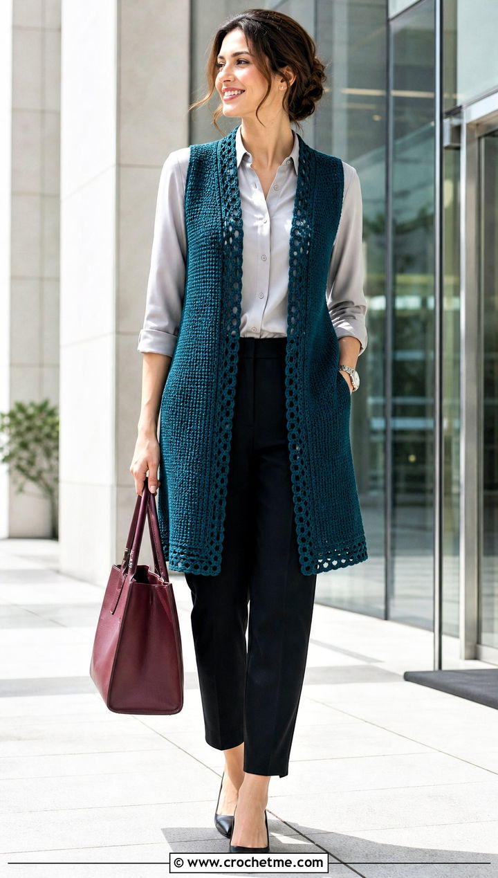 Sleeveless Crochet Jacket With Button Down Shirt - 15 beginner crochet jacket ideas