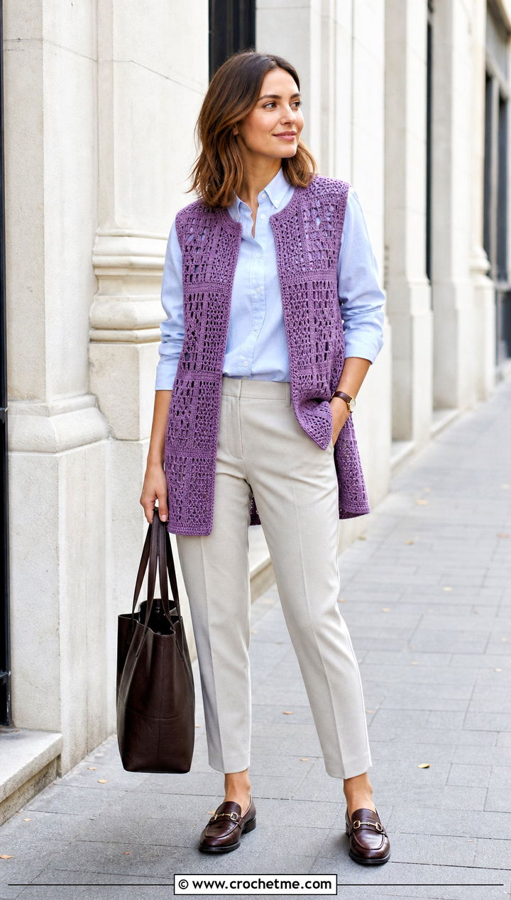 Sleeveless Crochet Jacket With Poplin Shirt - 15 crochet jacket for beginners outfit ideas