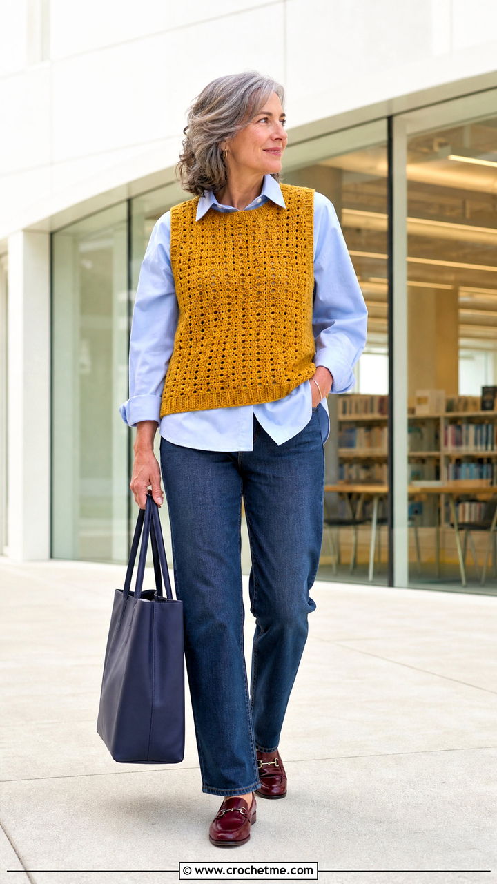 Sleeveless Crochet Jumper Vest With Shirt And Jeans - 35 crochet jumper outfit ideas