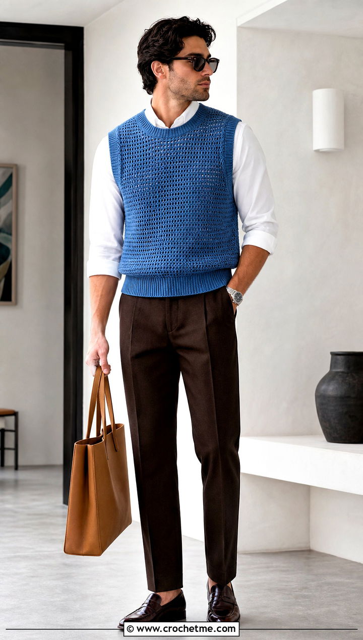 Sleeveless Crochet Jumper With A Poplin Shirt - 35 men crochet jumper outfit ideas