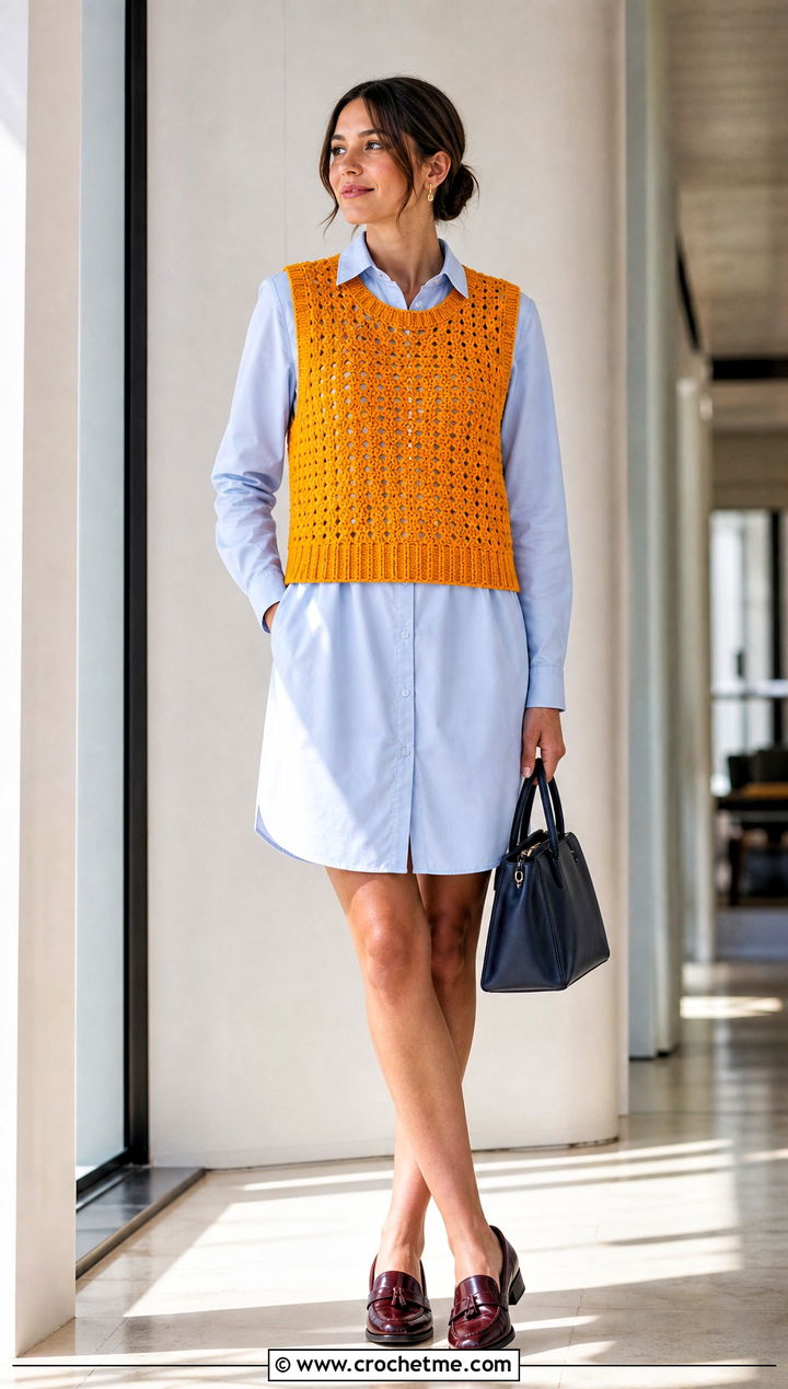 Sleeveless Crochet Jumper With Poplin Dress - 25 crochet jumper for women outfit ideas